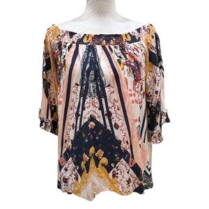Jaase Elastic Smocked Off Shoulder Blouse Handkerchief Print‎ Bohemian Abstract